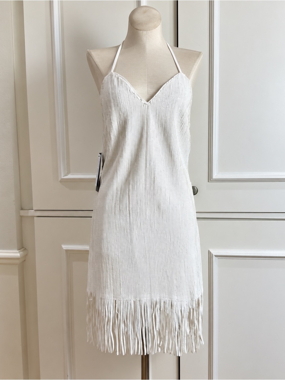 NWT Marciano White Sequin Fringe Halter Dress - XS